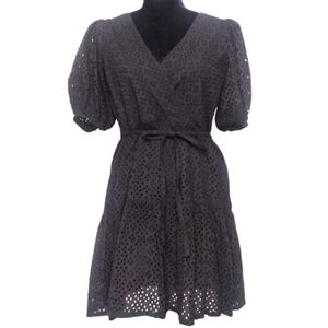 Miss Selfridge Women's Black Short-Sleeve Eyelet Wrap Mini Dress Size 6